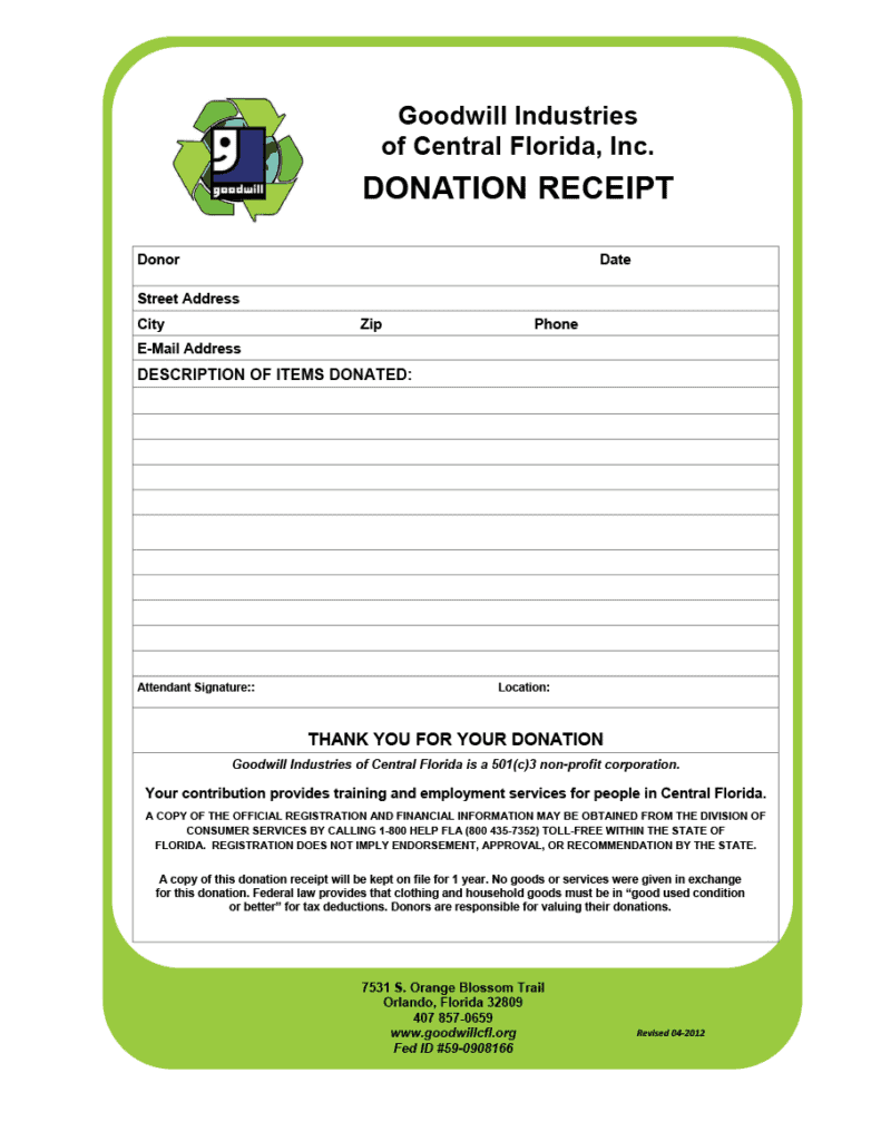 Printable Donation Receipt Template