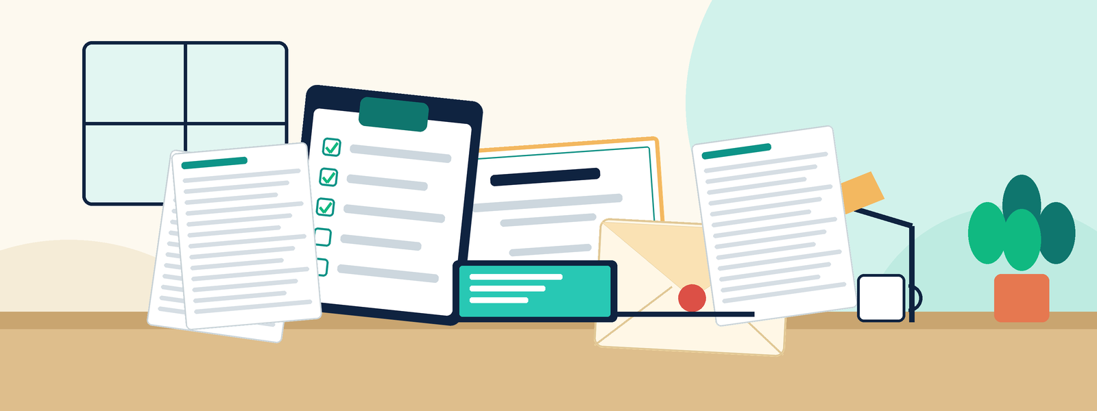 A tidy desk with a clipboard checklist, letters, a certificate and a laptop